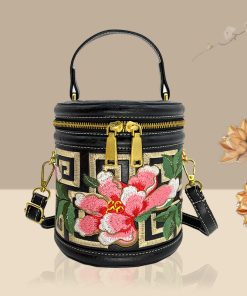 Chinese style embroidered peony cylindrical bag